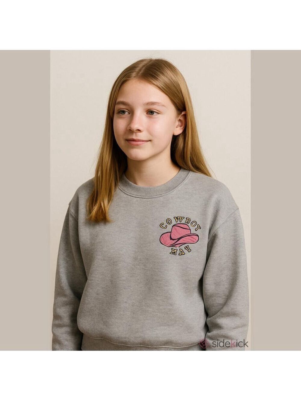 Juniors Graphic Crewneck Sweatshirt Gray with Pink Cowboy Hat Logo